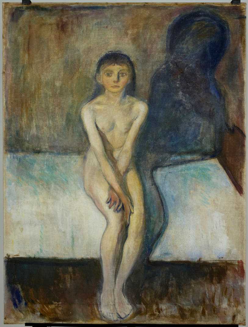 A dark painting of a girl. She is naked and sitting on a bed, her arms crossed over her thighs. Her shadow falls menacingly on the wall behind her. Her facial expression is difficult to interpret. 