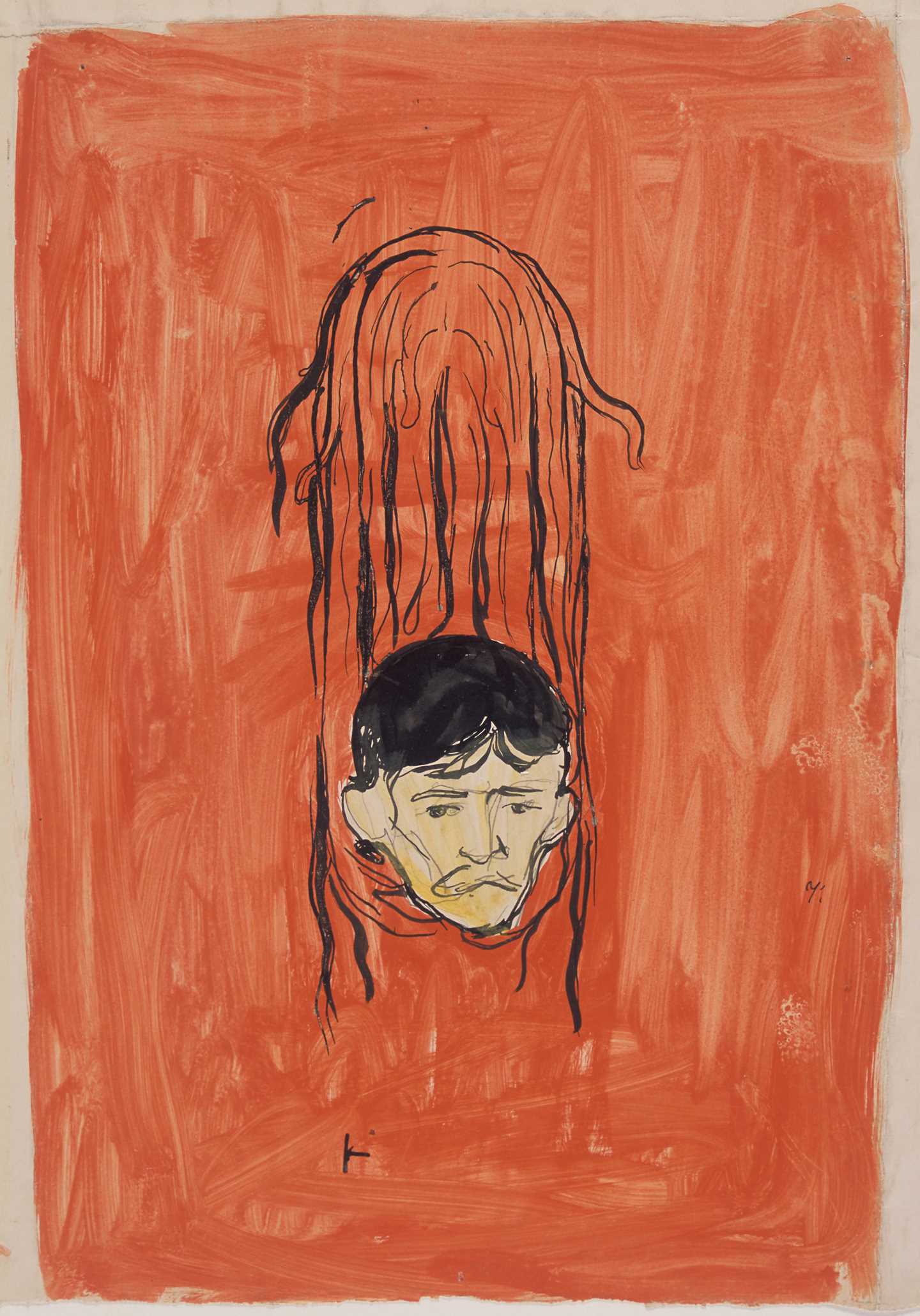 Edvard Munch, Selvportrett i kvinnehår, Salomeparafrase. Gouache, pensel, blyant, 1894-1898. Foto: Munchmuseet.