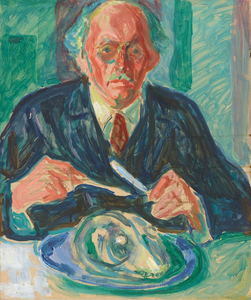 Edvard Munch, Self-Portrait, with a Cod’s Head on the Plate (1940-42). Oil on wooden panel Photo © Munchmuseet
