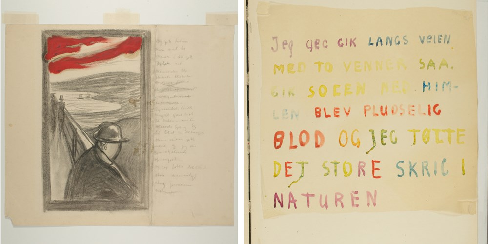 Fra skissebøkene til Edvard Munch: Til venstre: Fortvilelse, med versjon av Skrik-teksten. Kull, olje, 1892 (sannsynlig).  Til høyre: Håndskrevet tekst. "Jeg gik langs veien med to venner". Akvarell, ca 1930. Foto © Munchmuseet