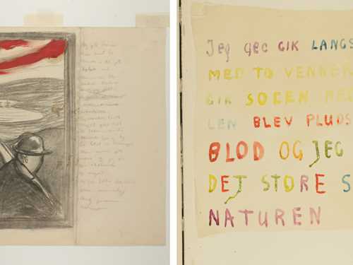 Fra skissebøkene til Edvard Munch: Til venstre: Fortvilelse, med versjon av Skrik-teksten. Kull, olje, 1892 (sannsynlig).  Til høyre: Håndskrevet tekst. "Jeg gik langs veien med to venner". Akvarell, ca 1930. Foto © Munchmuseet