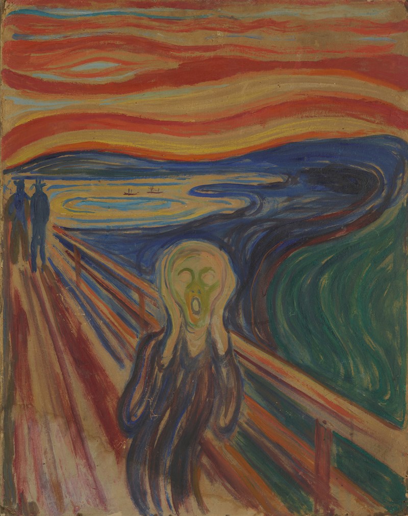 A sinuous, ghostly figure with empty eyes and an open mouth holds his hands over his ears. He stands facing us on a road with flamelike, billowing clouds in the background. Behind him, two men stroll away into the landscape. 