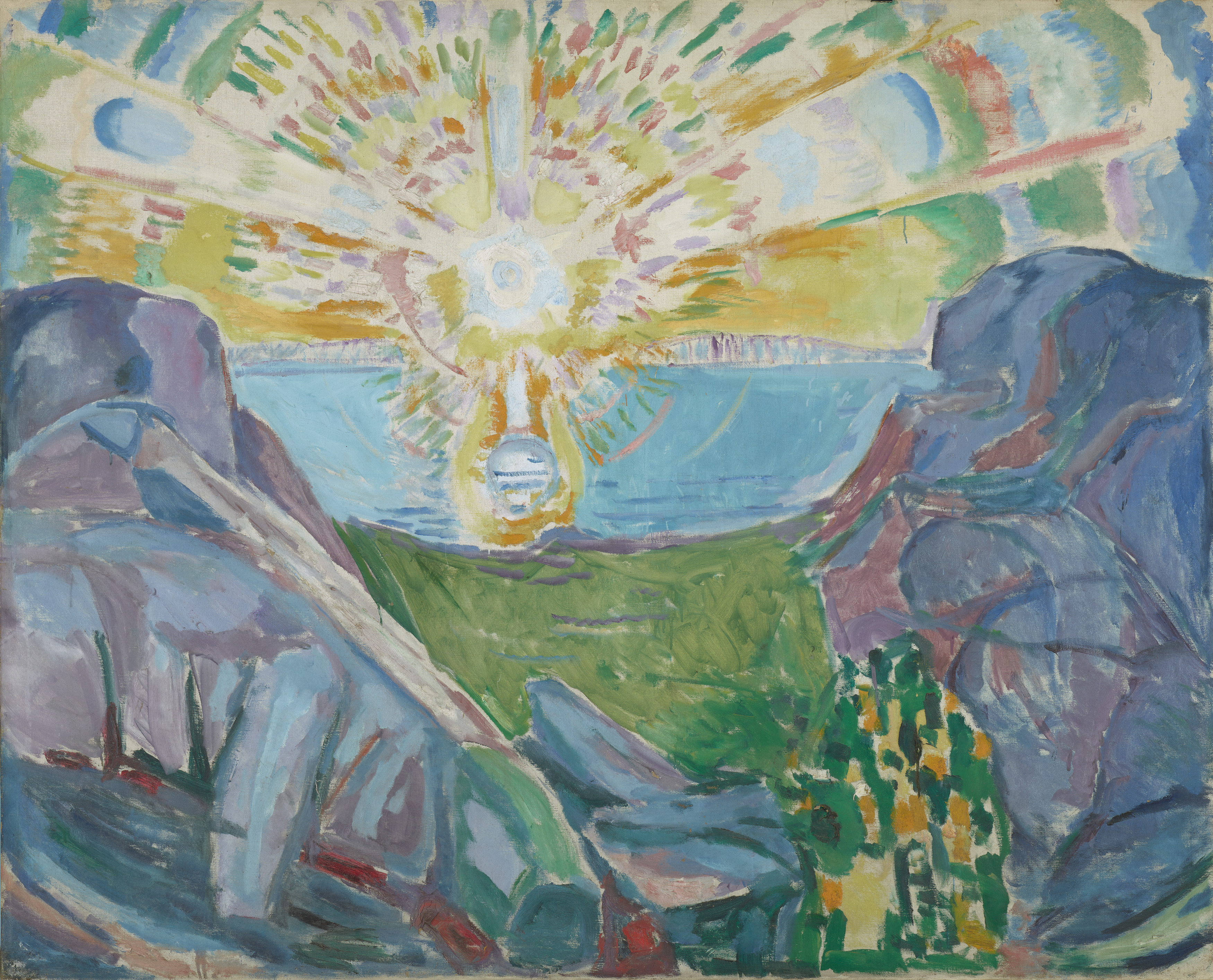 A magnificent painting of a sunrise over a fjord landscape. The sun’s rays flood towards you. The sky vibrates and sends blue-green waves across the fjord. 