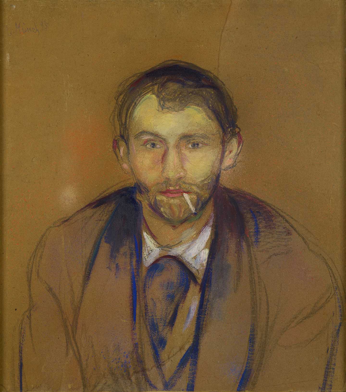 Edvard Munch: Stanislaw Przybyszewski, 1895. Vi ser Stanislaw rett forfra i halvfigur. Han ser rett på oss og har en sigarett i munnviken. Skuldrene luter litt fremover. Han har på seg en frakk og en hvit skjorte. Maleri