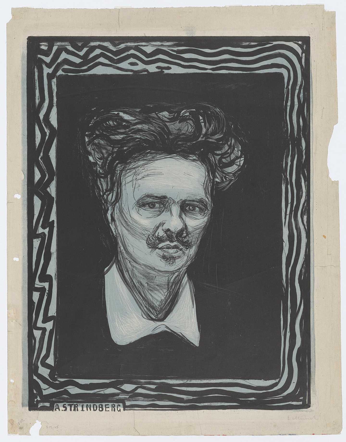 Edvard Munch: August Strindberg, 1896. Vi ser August fra halsen og opp og han ser rett på oss. Han har stort bustete hår og en bart over en lett snurpet munn. Han har hvit skjortekrage. Bakgrunnen er svart og rundt er en ramme i hvitt med svarte bølgende og sikksakk streker.