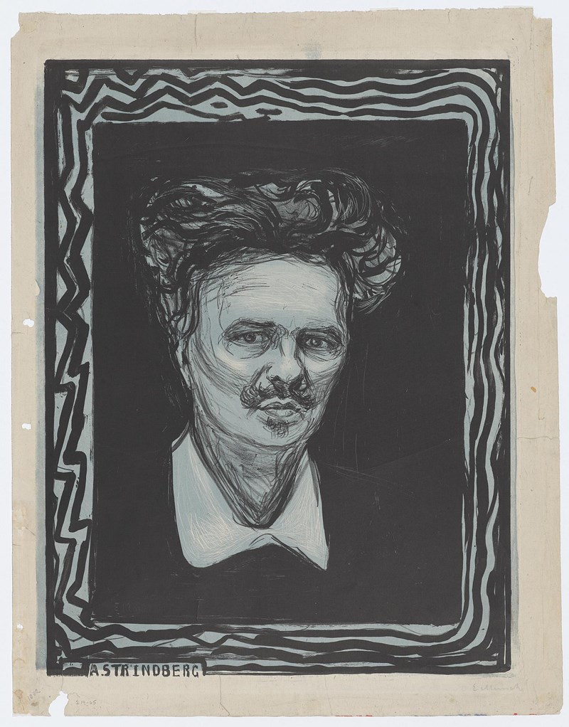 Edvard Munch: August Strindberg, 1896. Vi ser August fra halsen og opp og han ser rett på oss. Han har stort bustete hår og en bart over en lett snurpet munn. Han har hvit skjortekrage. Bakgrunnen er svart og rundt er en ramme i hvitt med svarte bølgende og sikksakk streker.