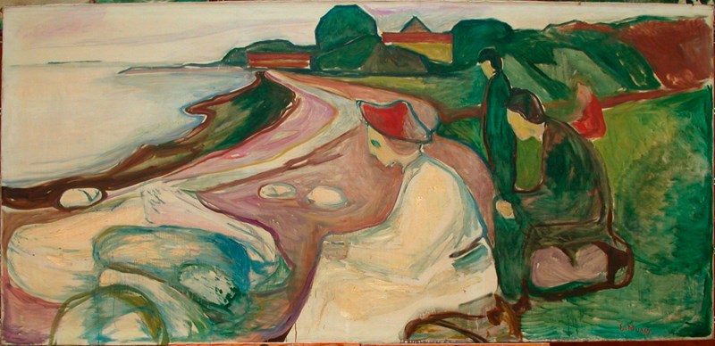 Edvard Munch: Unge mennesker på stranden (Freia-frisen XII). Olje på ugrundert lerret, 1922. Foto © Munchmuseet