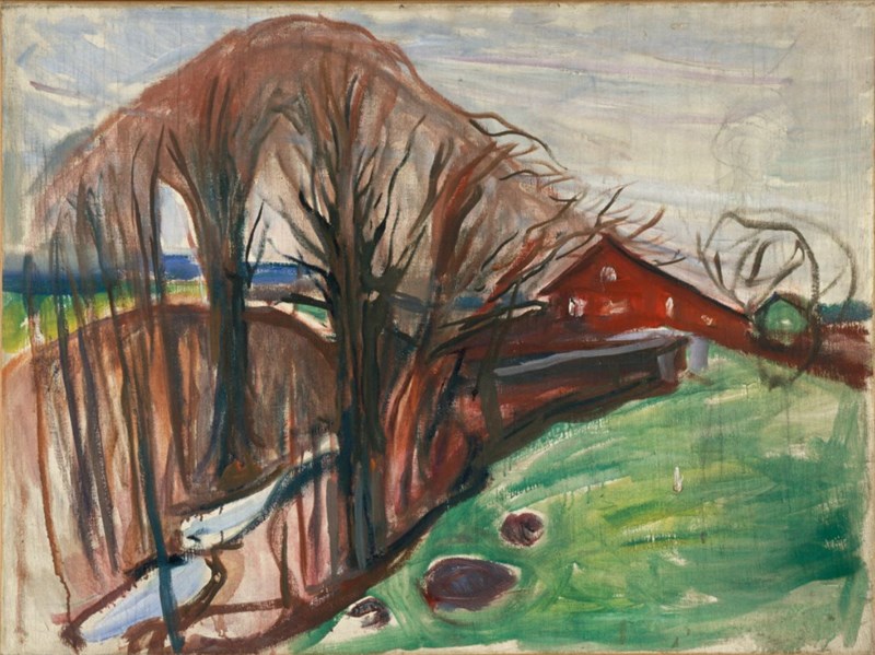Edvard Munch: Spring Landscape with Red House. Oil on canvas, 1926–27. Photo © Munchmuseet