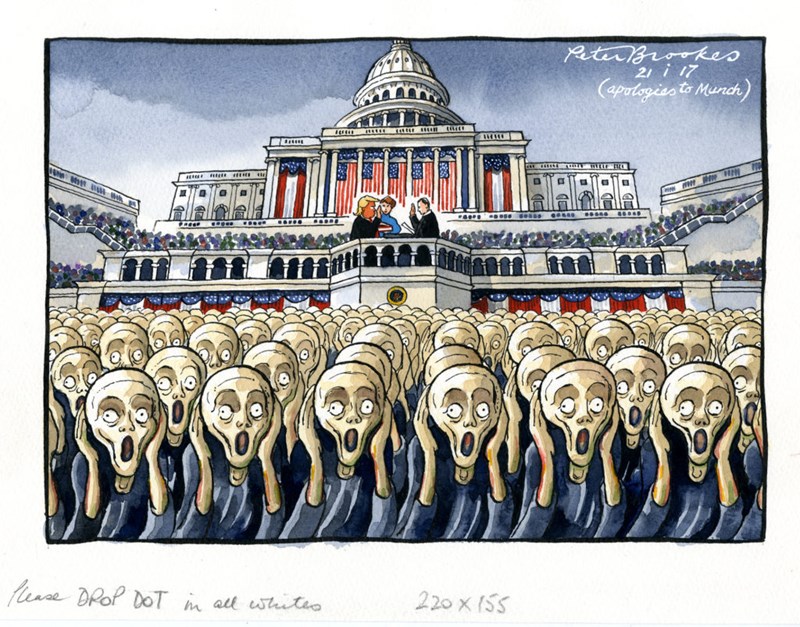 Peter Brookes (f. 1943), The Scream. Penn og tusj med vannfarge, 2017.